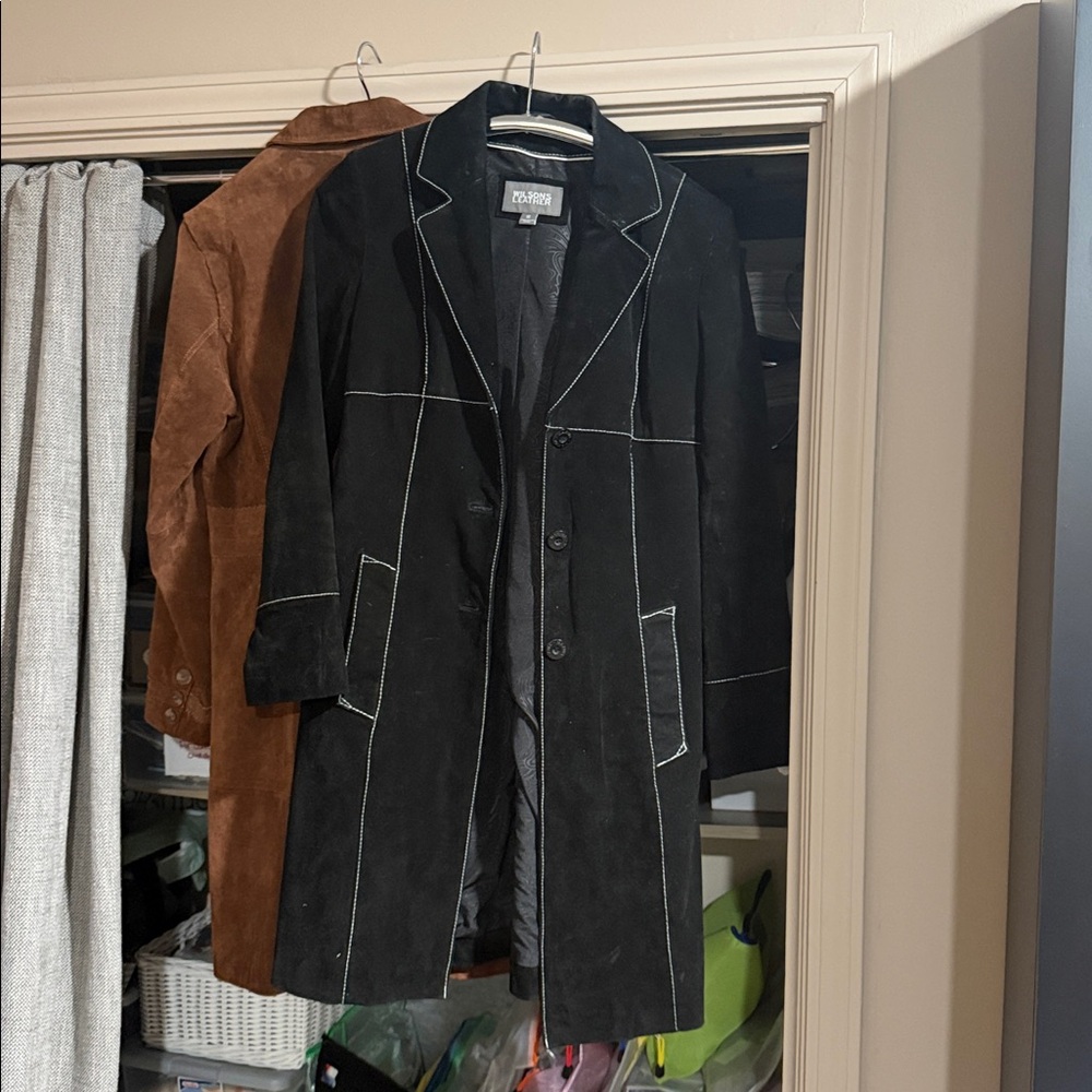 Women’s Genuine Suede Black Coat with White Stitching